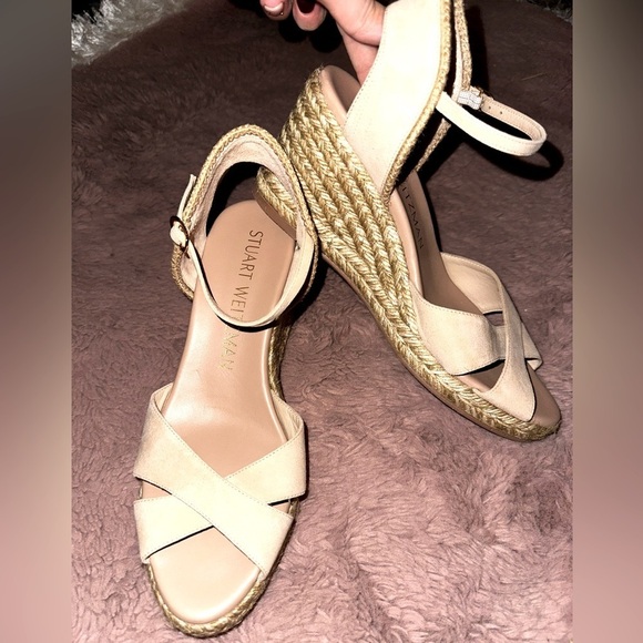 NWOT Stuart Weitzman women’s cream espadrille wedge heel sandals 8.5B vacation - Picture 1 of 12